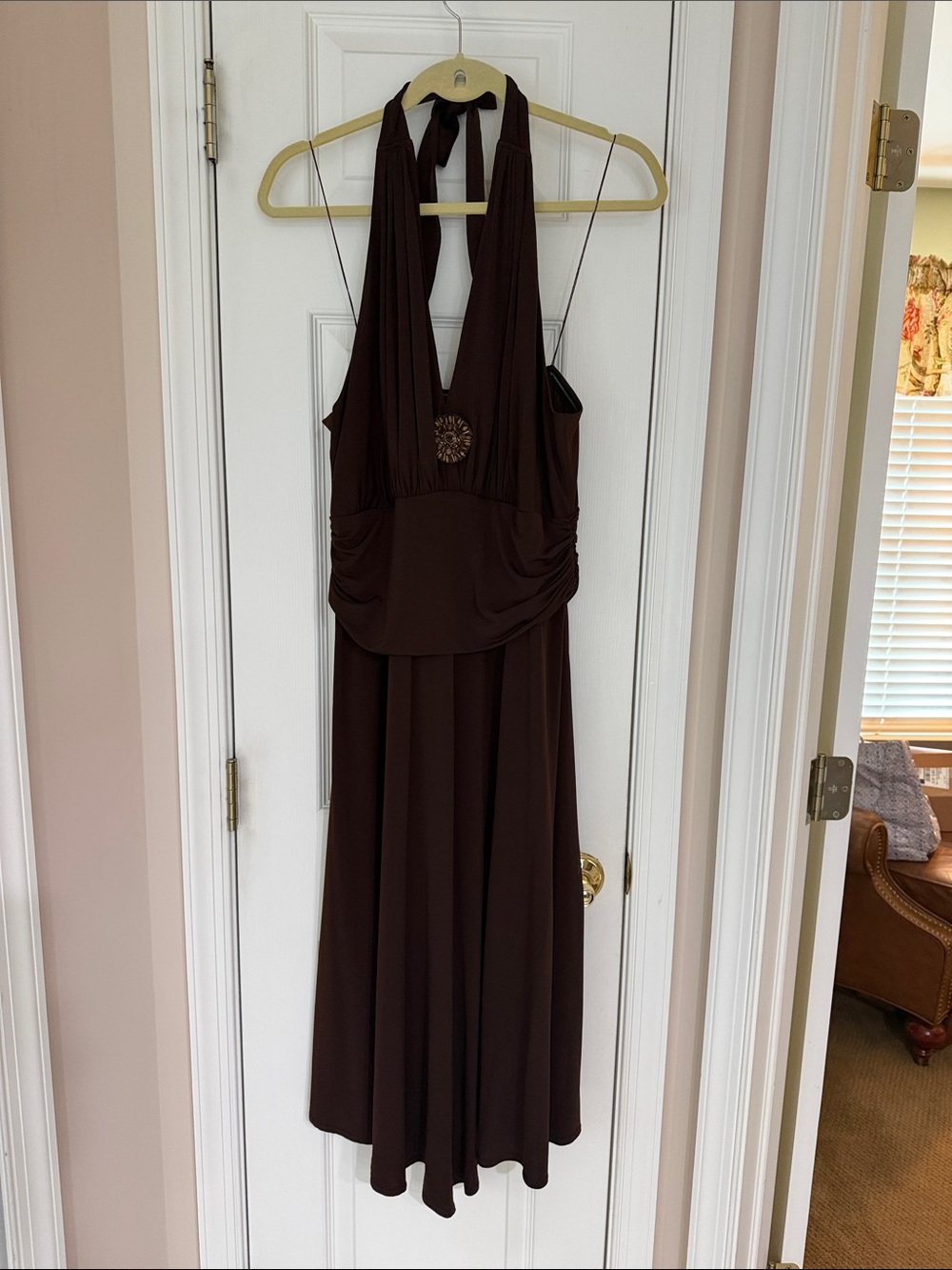 Donna Morgan Sleeveless Halter Brown Women's Dress with Decorative Accent, 14W